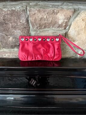 Express Red Satin Wristlet Clutch with Crystal Stud Accents